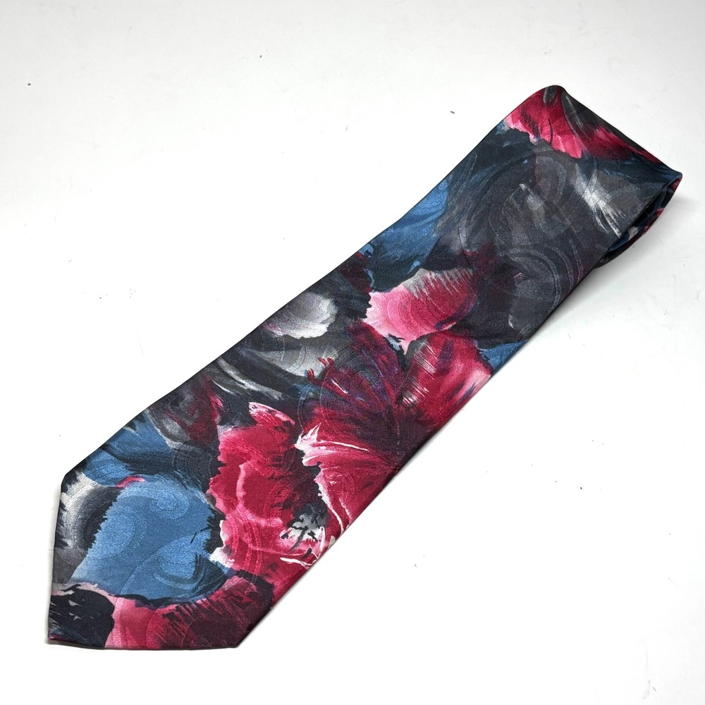 Manhattan‎ Necktie Mens OS Blue Pink Floral Made in USA Wide Silk Artsy Look